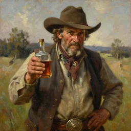 oil painting of old rugged cowboy with whiskey bottle, art by anders zorn, wonderful masterpiece by greg rutkowski, beautiful cinematic light, american romanticism by greg manchess