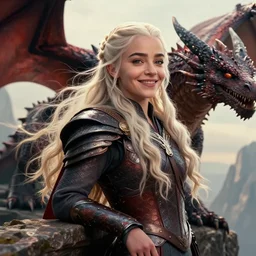 closeup portrait of happy beautiful daenerys targaryen leaning against dragons, long blonde windblown hair and dragonskin armor, standing on a ledge of a mountain, glamour pose, detailed illustration, digital art, trending on artstation, soft ambient lighting, volumetric lighting, rim lighting, yoshitaka amano, daniel merriam, alphonse mucha, arney freytag