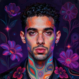portrait of rami malek, hyper detailed masterpiece, neon floral pattern, jean giraud, digital art painting, darkwave goth aesthetic, psychedelic, artgerm, donato giancola and tom bagshaw