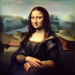 a portrait of a brunette italian woman painted in italian renaissance chiaroscuro style. the woman in the painting is shown seated with her hands folded in her lap. she is wearing a simple dress with a pattern of flowers. brunette. her black slightly curly long hair is pulled back from her face and she has a small, faint smile. the background of the painting is a landscape of rolling hills and mountains. the sky is a light blue, and there are small clouds in the distance.