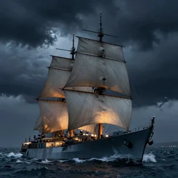 british naval battleship sailing through a stormy night, high detail, high definition, photorealistic, 8k