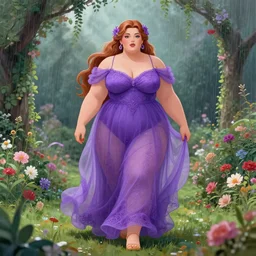 a stunning vector portrait of a thicc and voluptuous palutena wearing a gossamer purple floor length dress walking through a flowering garden in the rain, intricate, elegant, highly detailed, artstation, concept art, ultra sharp focus, octane render, volumetric lighting, god rays, art by jugendstil and greg rutkowski and alphonse mucha