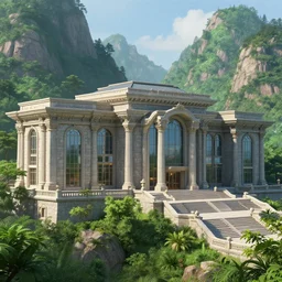 Gorgeous stone palace with big windows and columns built in the green giant mountains, hyperdetailed, artstation, cgsociety, 8k