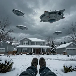 ! dream alien space ships in the sky over a suburban home, during winter with snow on the ground, first person point of view in the backyard, high detail, eerie, 4 k uhd, 8 k, dream like, sharp, uneasy feeling, intricate, very detailed