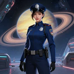 portrait futuristic planet saturn police uniform female, in a future huge spaceship internal, neon light, ssci - fi and fantasy, intricate and very very beautiful and elegant, highly detailed, digital painting, artstation, concept art, smooth and sharp focus, illustration, art by tan zi and ayanamikodon and alphonse mucha and wlop