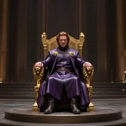 Cinematic wide view of a hall, a distant subject sits on a throne, Christopher Walken as Emperor Shaddam IV, in Dune, wearing ornate Tyrian-purple regal leather uniform, with two golden-lion-pins on uniform, sitting on a golden throne with arm-rests shaped like lions, inside a darkly lit futuristic neo-Baroque hall, subdued colors, highly detailed, lighting cinematography Stanley Kubrick