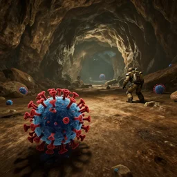 deep rock galactic gameplay footage showing a macroscopic coronavirus on the floor of the caves of hoxxes iv, hoxxes iv cave in background, unreal engine, deep rock galactic gameplay, 4 k, hdr