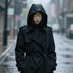 black color Hooded trench coat person with two glowing yellow eyes in the rain