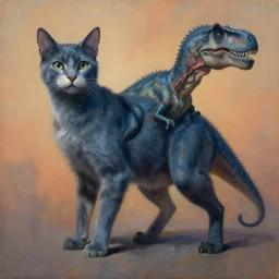 painting of hybrid cat!!!!!! and ( ( ( ( tyrannosaurus ) ) ) ) fused together, intercrossed animal, by zdzislaw beksinski, by lewis jones, by mattias adolfsson, cold hue's, warm tone gradient background, concept art, digital painting
