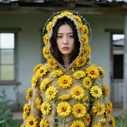 a woman wearing a hooded cloak made of zinnias and barbed wire, in a derelict house, by Zhang Jingna, natural light, detailed face, CANON Eos C300, ƒ1.8, 35mm, 8K, medium-format print