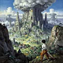 A beautiful landscape painting of dystopian future in the mountains by junji ito and Yoshitaka Amano and jean-honore fragonard