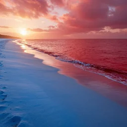 a beach in a alien planet with a red sea and blue sand at sunrise, concept art, octane render, unreal engine 5, trending on artstation, high quality, highly detailed, 8 k hdr, trending on deviantart, red sea, blue sand, high coherence, path traced, serene landscape, breathtaking landscape, cinematic lighting, hyperrealistic, godrays, ground photo
