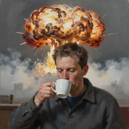 by tom bagshaw, ultra realist soft painting of a daily clothed man drinking his coffee, nuclear bomb explosion, partial symmetry accurate features, very intricate details, focus, curvy, award winning, ultra dense fog