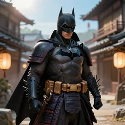 samurai batman in japanese village, fantasy, intricate, sharp focus, lens flare, bloom, rim light. full body front view, art by ruan jia