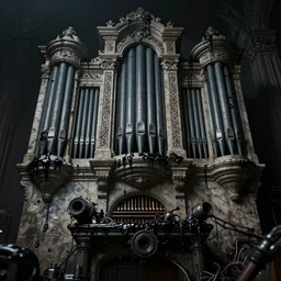 ornate stone pipe organ drenched in black goop and machinery, lovecraftian, horror art, 4K, dark art, artstation, dramatic lighting,