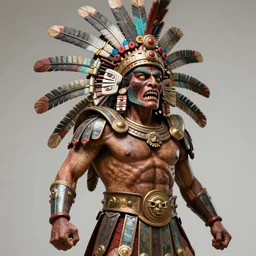 Ares the greek god of war depicted as an Aztec god, Mexican folklore, highly detailed, realistic, Aztec mythology, Greek mythology, brutal depiction, fear, hellish, folklore