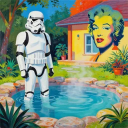 hyperrealism composition of the asian home with a garden, detailed stormtrooper in hot springs, pop - art style, jacky tsai style, andy warhol style, roy lichtenstein, acrylic on canvas