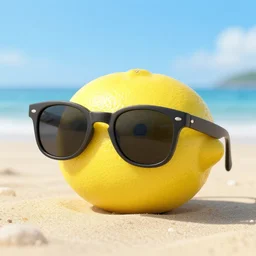 a lemon wearing sunglasses on a beach, photorealistic,