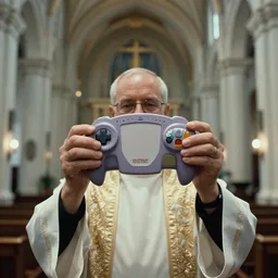 a priest in a church holding up a nintendo gamecube, cinematic, close up shot, 35mm film, color