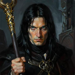 a highly detailed close - up portrait painting of a male arcanist holding a staff, with piercing eyes and black hair standing in dark tomb setting, dynamic lighting, ambient lighting, deviantart, art by artgerm and karol bak and frazetta