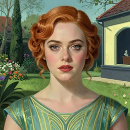 Elle Fanning, head and shoulders masterpiece, in Halo 2, in a garden, artstation, in the style of Art Deco and Edward Hopper and Bosch, extremely detailed