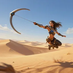 a woman flying through the air while holding onto a boomerang, desert dunes, league of legends splash art, concept art by yi inmun, featured on polycount, dau - al - set, high resolution, glorious, official art