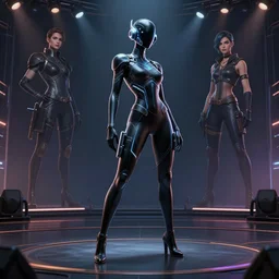 game character design by morello, simon dubuc, chase stone and illustrator of riot games. just one lonely black tape project show attctive showgirl!! full body!! future head set. contour light effect!! 8 k. stage light. octane render. sharp edge. ultra clear detailed