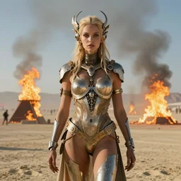 a centered photo of a post apocalyptic goddess at burning man festival playa, powerful, cinematic, beautifully lit, by artgerm, by karol bak, 3 d, perfect face and body, trending on artstation, octane render, 8 k