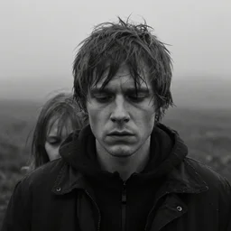 award winning photo of some despair as joachim trier would depict it, he resembles brendan yates from the band turnstile, he borrows your dreams, photo, black and white, the background is oppressive, insanely detailed, close up, foggy like in norwegian black metal aesthetic