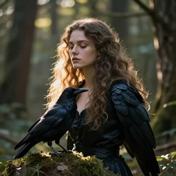 werecreature consisting of a human and crow, photograph captured in a forest