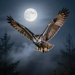 huge owl with outstretched wings flapping flying at night through fog in the forest lit by the full moon fog moving through feathers
