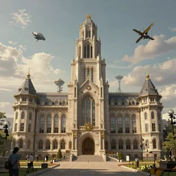 a big univeristy steampunk architecture where half of univeristy is drawing and the other half is a picture