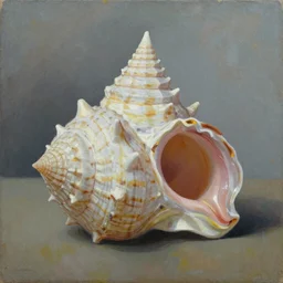 painting of a single seashell shaped house by john harris