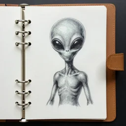 a grey alien's sketchbook, ringed binder, ink on paper