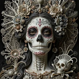 detailed realistic porcelain beautiful calaveras death goddess face portrait by jean delville, gustave dore, iris van herpen and marco mazzoni, art forms of nature by ernst haeckel, art nouveau, symbolist, visionary, gothic, neo - gothic, pre - raphaelite, fractal lace, intricate alien botanical biodiversity, surreality, hyperdetailed ultrasharp octane render