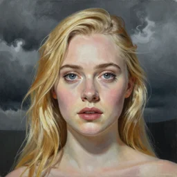 professional painting of Elle Fanning in the style of Gustav Bauman, head and shoulders portrait, symmetrical facial features, smooth, sharp focus, illustration, intricate, stormy weather, extremely detailed masterpiece,