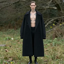 skinny character with tattoos wearing black clothes against a backdrop of nature, an oversize coat in the style of yohji yamamoto, by sandra chevrier,