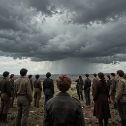dystopian anonymous gathering, omnious hdr clouds, dramatic lighting, magic realism by carel willink, edward hopper, film still