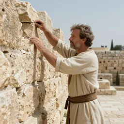 award winning cinematic still of 40 year old man in ancient Canaanite clothing building a broken wall in Jerusalem, directed by Steven Spielberg