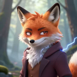 character, fursona of fox, gentleman with gnarly smile, close up photo, digital art, volymetric lightning, high detail, deviantart, trees in background with fog and beautiful lightbeams