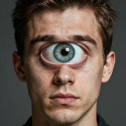 Portrait photo of a man with one huge eye all over his face, mutant, surrealistic, realistic, photorealistic, 8K, HDR, detailed, high quality, high resolution, lossless quality