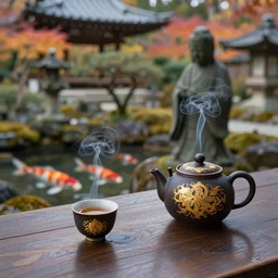 japanese garden, koi carp, temple, statue, traditional japanese tea pot, two smoky cup of tea on a wood table, smoky autumn lightings, japanese garden background, micro details, ( ( ( intricate ) gold details ) ), photorealism, crisp, hasselblad camera, by annie leibovitz