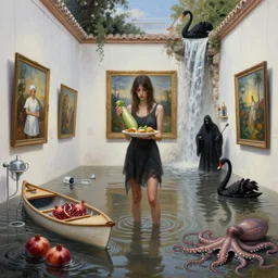 realistic painting of a flooded spanish art gallery in marbella old town, a tall emo girl, holding a courgette, tapas, paintings on walls, surgical equipment and nurse, canoe, pomegranates, floodwaters, squid ink, the grim reaper, waterfall from the wall, black swans, octopus, sensual, puddles, zen, surrealist, by magritte and monet