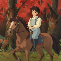 attractive man riding a horse in the woods with falling red leaves, ghibli style