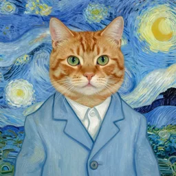 a portrait of a ginger orange cat, wearing a light blue suit, by Vincent Van Gogh