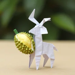 origami antelope holding a durian