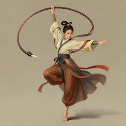 full body portrait of a barefoot female dancer using a silk belt as weapon, barefoot, tanned skin, athletic, vivacious, hanfu, fully clothed, absurdly beautiful, chinese ribbon dance, silk belt, scorpion whip, wuxia, battle, detailed, anatomically accurate, fantasy illustration, drawn by wlop, artstation.