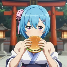 reimu hakurei eats a burger at a shinto shrine