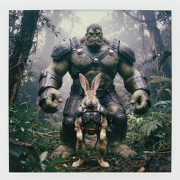 full shot!!!!! rabbit in swat armor armored hulked oversized barbarian rugged rabbit!!!, fog, in deep jungle forest jungle, overcast!!! cinematic focus, polaroid photo, vintage, neutral colors, soft lights, overcast, foggy, full shot by steve hanks, by serov valentin, by lisa yuskavage, by andrei tarkovsky