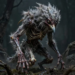 a haunting human bird creature with broken limbs, horrifying ultra detailed photograph with dramatic lighting and fur and hair and bones and nightmares